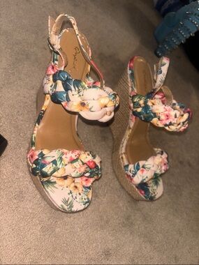 Qupid Floral Braided Espadrille Wedge Sandals - Pink Multi